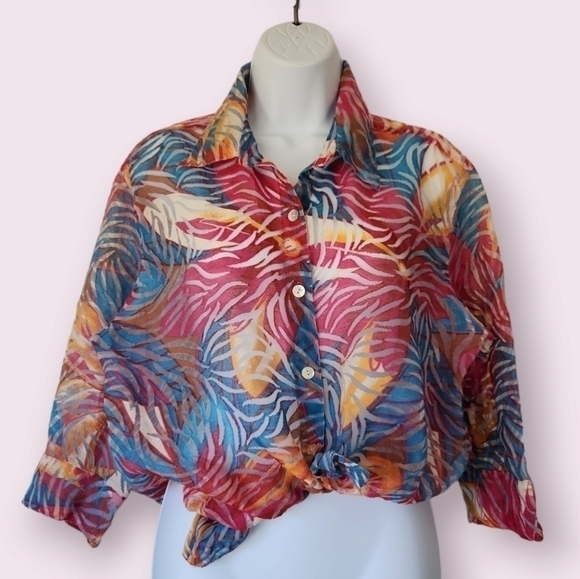 Vintage Sheer Tropical Hawaiian Button Down Shirt Size L - Picture 1 of 6